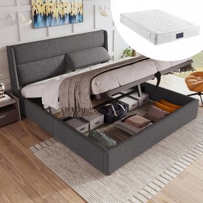 Kárpitozott ágy Hidraulikus franciaágy 140x200cm Szürke matrac