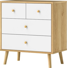 HOMCOM 4-fiókos Fiókos Szekrény Fa Fogantyúkkal, Keskeny Fiókos Szekrény Nappali Előszobához 60x35x65 cm Tölgy és Fehér | Aosom