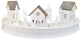 Fából készült LED-es dekoráció: Falucskatemplommal, 40 x 14 x 20 cm, félkör alakú