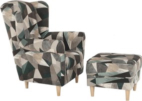Füles fotel puffal, szövet barna-zöld minta, ASTRID