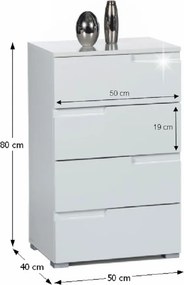 4 fiókos komód, fehér extra magas fényű HG, SPICE 4