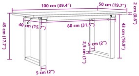 tömör fenyőfa és öntöttvas dohányzóasztal O-vázzal 100x50x45 cm