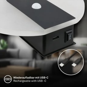 Briloner 3889015 - TARO tölthető LED fali lámpa érzékelővel, 2,5 W/5 V, 1800 mAh, fekete