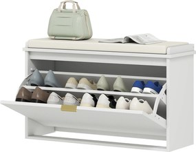 HOMCOM Cipőpad Cipőtároló Pad Szűk Előtér Pad Párnázott Ülésű Lepattintható Fiók 8 Pár Cipőhöz Előtérbe Hálószobába 80x26x47.5 cm Fehér | Aosom