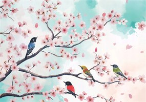 Fotótapéta Madarak Cseresznye Virágok Ágak Falra Hálószoba Nappali 200x140