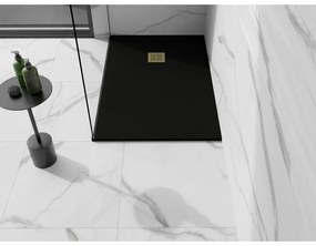Mexen, Mexen Stone+ kompozytowy prostokątny brodzik 140 x 80 cm, czarny, zlota maskownica - 44708014-G