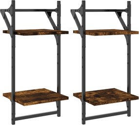 vidaXL 2 db 2 szintes füstös tölgy színű fali polc rúddal 30x25x65 cm
