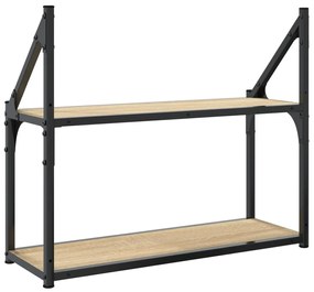 2 szintes sonoma tölgy színű szerelt fa fali polc 60x21x51 cm