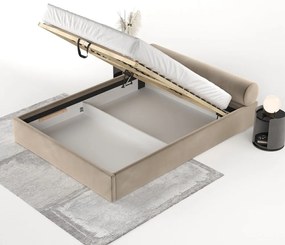 Világosbarna kárpitozott ágyneműtartós franciaágy ágyráccsal 160x200 cm Solvo – Maison de Rêve