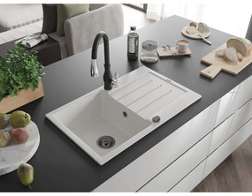 Mexen Bruno, 1 kamrás gránit mosogató 795x495x200 mm és Savita mosogató csaptelep, fehér, 6513-20-672601-70