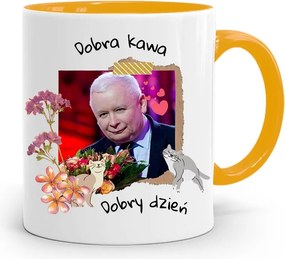 Sárga Vicces Bögre Jaroslaw Kaczynski felirattal, fényképpel