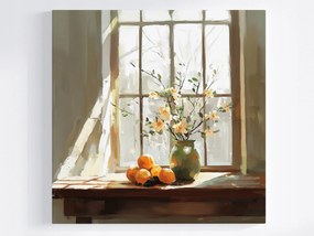 Vászonkép Canvas Ablak Virágok Váza Gyümölcsök Narancs Dekoráció 40x40