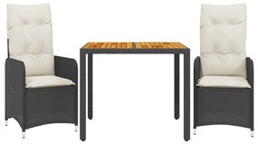 3 részes fekete polyrattan kerti bisztrógarnitúra párnákkal