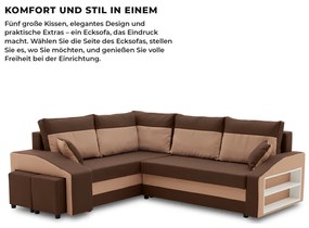 Grande sarokkanapé polcokkal és puffokkal , polc a jobb karfaban puffok a bal karfaban, baloldali, szövet anyag, bonell töltet, barna
