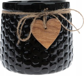 Kerámia Fedél Virágcserép Fekete 14 x 12 cm, szívvel díszítve