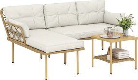 Outsunny 3 részes PE rattan kerti garnitúra — chaiselongue, 2 személyes kanapé és 2 szintes fém dohányzóasztal párnákkal, UV-álló, krém | Aosom