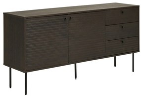 Kyoto komód 3 fiókkal, 2 ajtóval, tölgyfa furnér, füstölt, fekete fém lábakkal, 150x40x74 cm