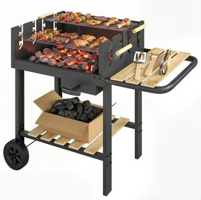 Outsunny faszenes grillkocsi fenyődíszítéssel, 2 állítható sütőrács, oldallap, alsó polc, hamugyűjtő fiók és kerekek — fekete | Aosom