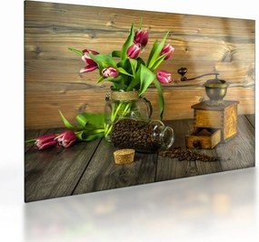 Tulipánok, daráló és kávé képe (üvegen) (70x50 cm)