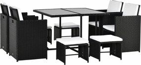 Outsunny 9 db. Polyrattan Kerti Bútor Készlet Étkező Csoport Készlet Párnákkal, Fekete 110 x 110 x 71 cm | Aosom