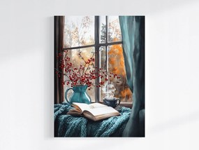 Vászonkép Canvas Ablak Ősz Takaró Könyv Tea Pihenés Kilátás 60x80