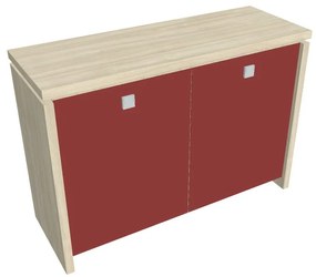 Verno alacsony szekrény 128 x 46 x 90 cm, üvegajtó, akác / piros