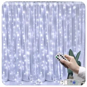 200 micro LED-es USB-s beltéri fényfüggöny, 8 világítási móddal, távirányítóval, 2 x 2 m, hideg fehér, IP65, HT