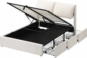 Kárpitozott ágy, 140x200 cm Hidraulikus franciaágy 3 fiókkal Bézs