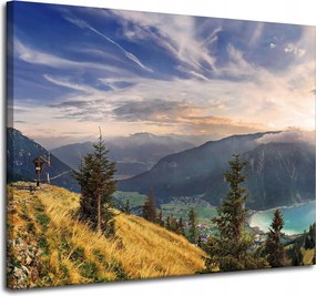 Vászonkép Nap a hegyek felett Felhők Falu 100x80 cm