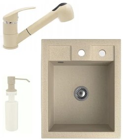 Gránit Mosogató NERO Parma + kihúzható zuhanyfejes Shower csaptelep + adagoló + szifon (bézs)