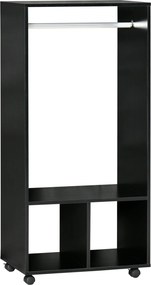 HOMCOM Görgős Szekrény, Nyitott Designú Szekrény Akasztós Rendszerező Polcokkal Hálószobai Ruhákhoz 60x40x128 cm Fekete | Aosom