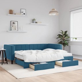 kék kihúzható bársony heverő fiókkal 90 x 200 cm