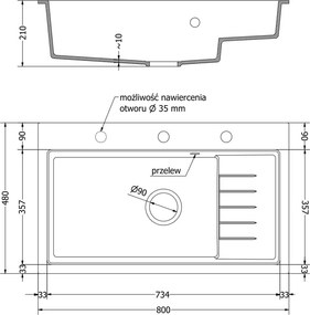 Mexen Omar 1-medencés, gránit mosogató 800 x 480 mm, fekete, króm szifon - 6520801005-77