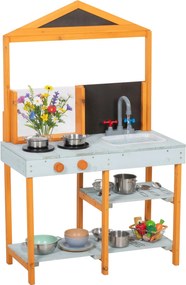 AIYAPLAY kültéri sáros játékkonyha, fa tűzhellyel, levehető mosogatóval és polcokkal — 4 rozsdamentes tál és 3 lapát, 3–8 éveseknek, világoskék | Aoso