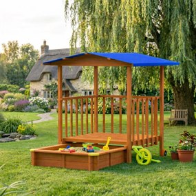 SUNNY verandás homokozó, 130x130x143cm, barna/kék Jurhan