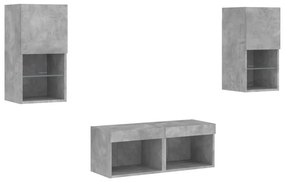 4 darab betonszürke falra szerelhető TV-szekrény LED-del