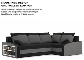 Grande sarokkanapé polcokkal , polc a bal karfaban, jobboldali, szövet anyag, hab töltet, fekete - szürke