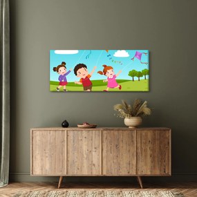 Kép - Sárkányrepülőt éngedő gyermekek (120x50 cm)