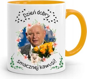 Sárga Vicces Bögre Jaroslaw Kaczynski felirattal, fényképpel