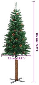 zöld PVC vékony karácsonyfa valódi fával és tobozzal 180 cm