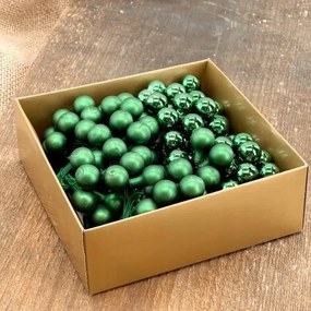 Üveggömbök dróton zöld 1,5 cm 144 db arany dobozban