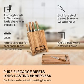 Klarstein Komaki, késkészlet, 8 darabos, 5 kés, 3 vágódeszka, tartó kések élezéséhez