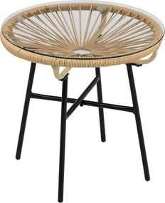 Outsunny Bézs Színű, Kerek PE Rattan Kávézó Asztal Üveglapos Tálcával - Kerti Asztal, Terasz Bútor, Bútor Asztal, Bistro Asztal, 50 x 50 x 50 cm | Aos