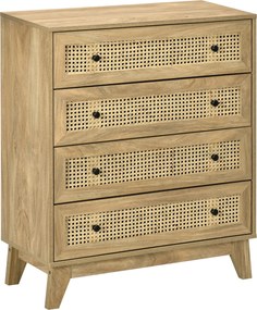 HOMCOM 4-fiókos Tárolószekrény Rattan Fonott Előlappal 80 x 35 x 95 cm Világos Fa Felülettel | Aosom
