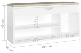 magasfényű fehér szerelt fa cipőtároló pad párnával 104x30x49cm