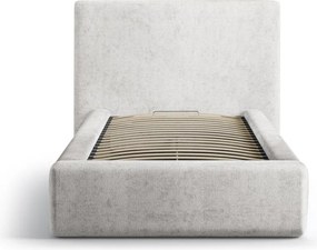 Világosszürke kárpitozott ágyneműtartós egyszemélyes ágy ágyráccsal 90x200 cm Amy – Micadoni