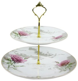 TEMPO-KONDELA WINTER, kétszintes tálaló állvány, porcelán, fehér/lila/arany