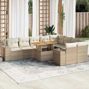 10 részes bézs polyrattan akácfa kerti ülőgarnitúra párnával