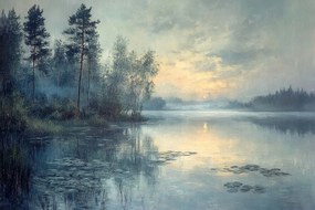 Poszter Tájkép Tó Fák Naplemente Köd 60x40