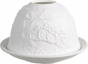 Fehér porcelán gyertyatartó madárcsaláddal és virágokkal 12x8 cm